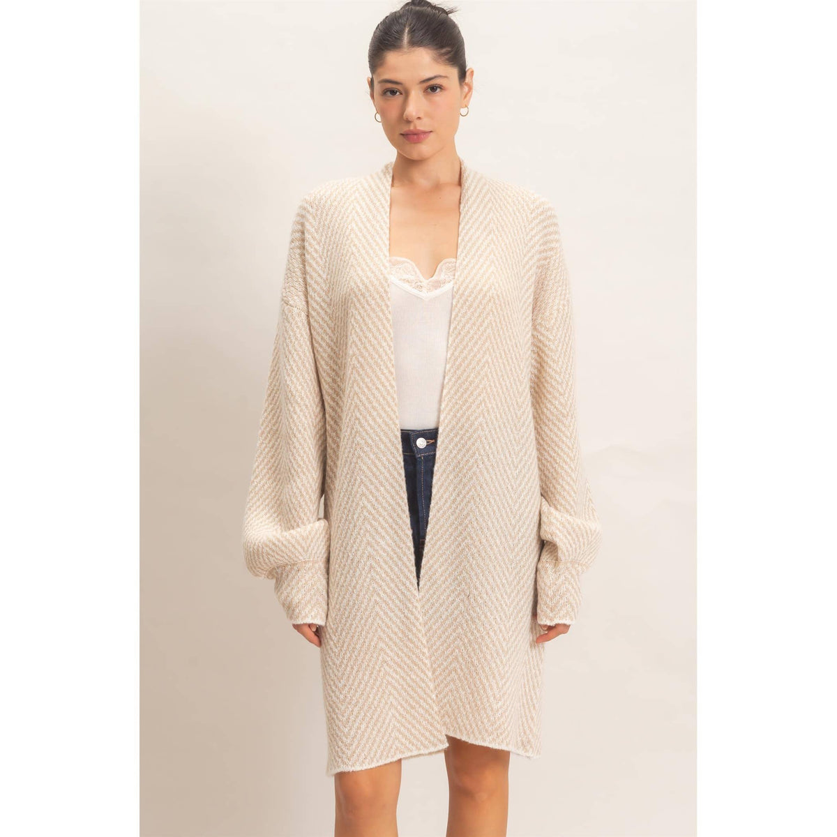 Herringbone Open-Front Cardigan - Taupe