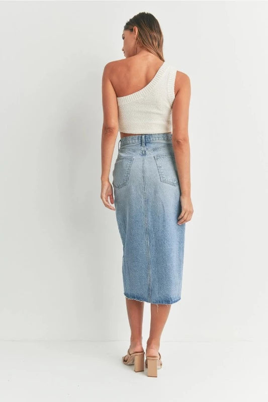 Criss Cross Open Slit Midi Jean Skirt