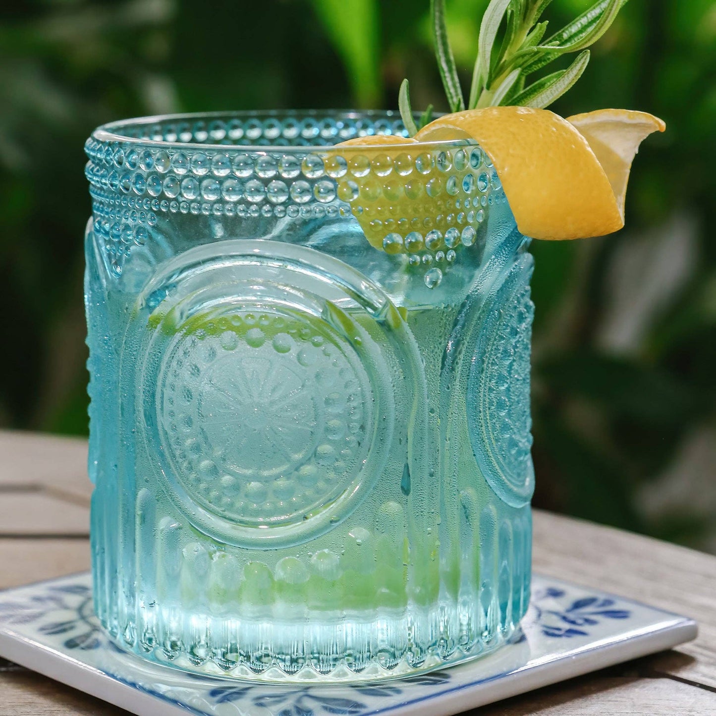 10 oz. Ribbed Retro Arch Floral Aqua Blue Drinking Glasses