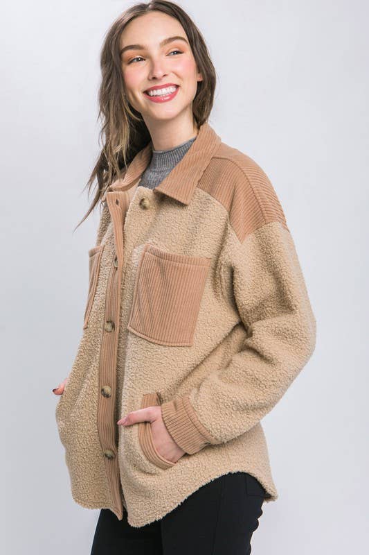 Sherpa Button Up Fleece Shacket - Camel