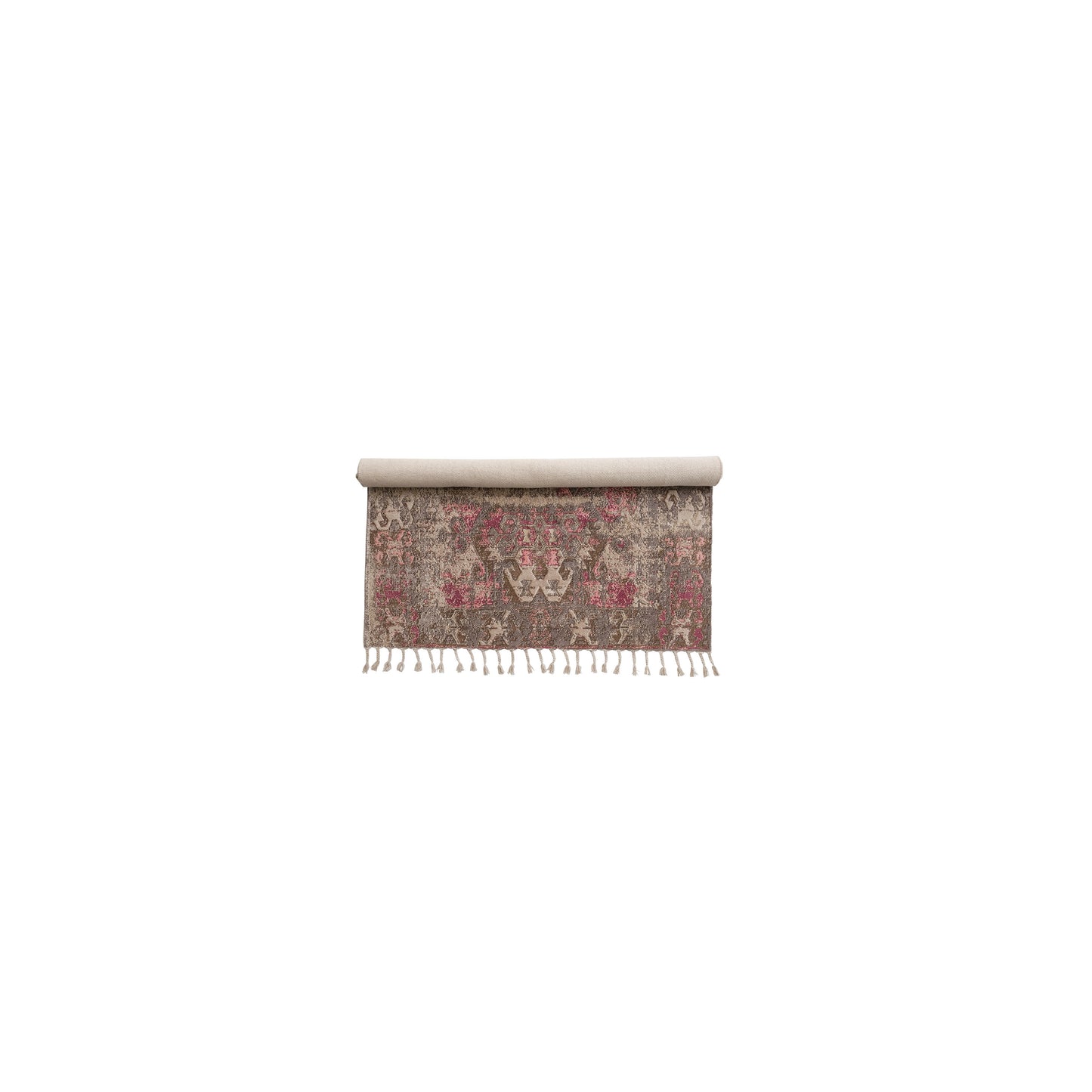 Woven Cotton Distressed Print Rug with Braided Fringe