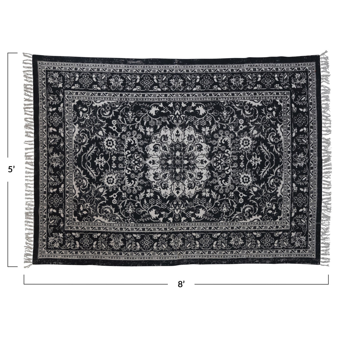 Woven Cotton Distressed Print Dhurrie Rug w/ Fringe