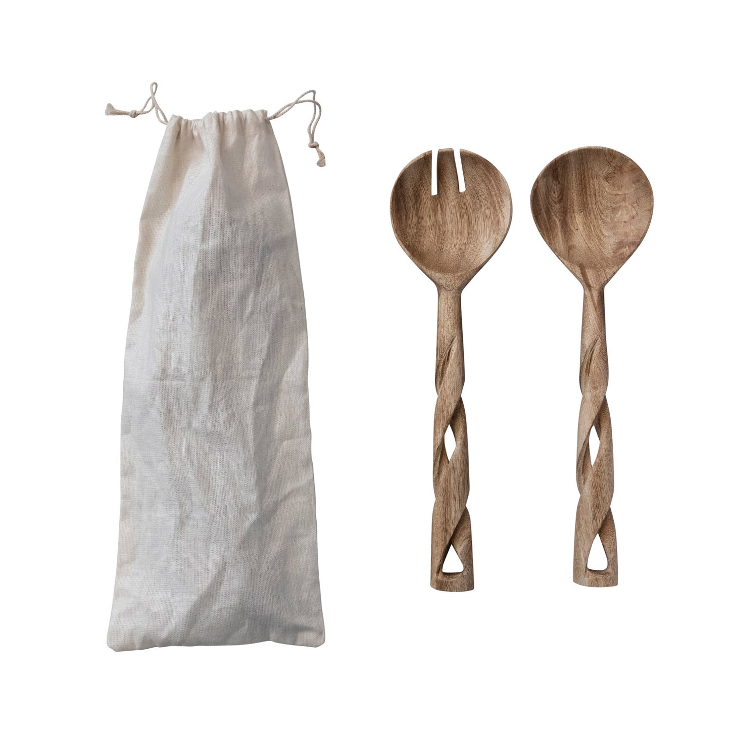 Hand-Carved Mango Wood Salad Servers w/ Twisted Handles, Set of 2 in Drawstring Bag