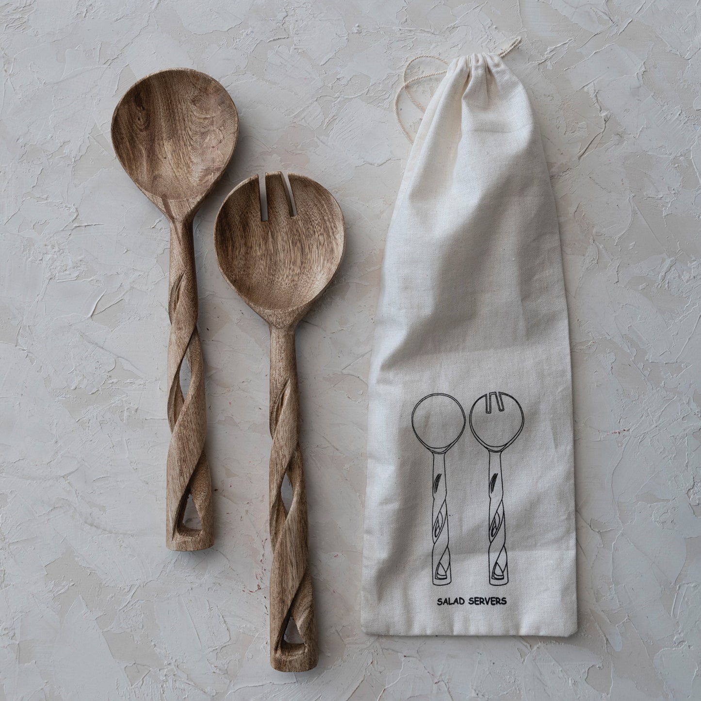 Hand-Carved Mango Wood Salad Servers w/ Twisted Handles, Set of 2 in Drawstring Bag