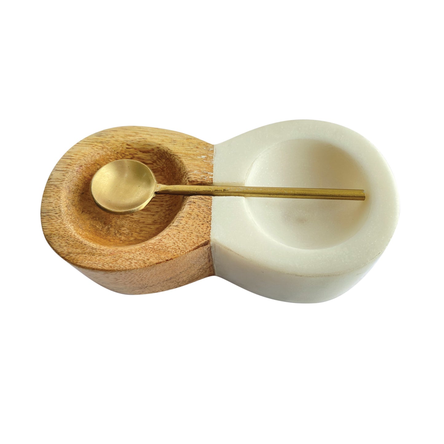Mango Wood & Marble Pinch Pot w/ Brass Spoon, Set of 2