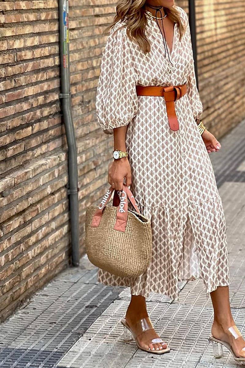 Khaki Patterned Button Down Long Length Dress