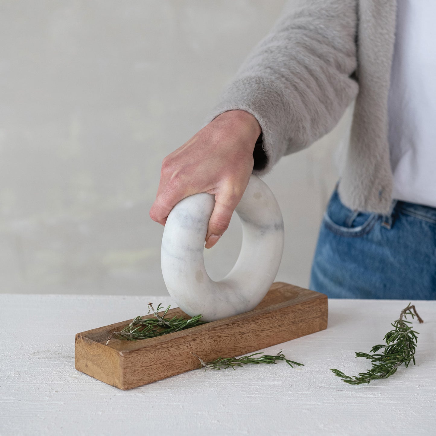 Mango Wood Mortar with Marble Ring Shaped Pestle, Boxed Set of 2