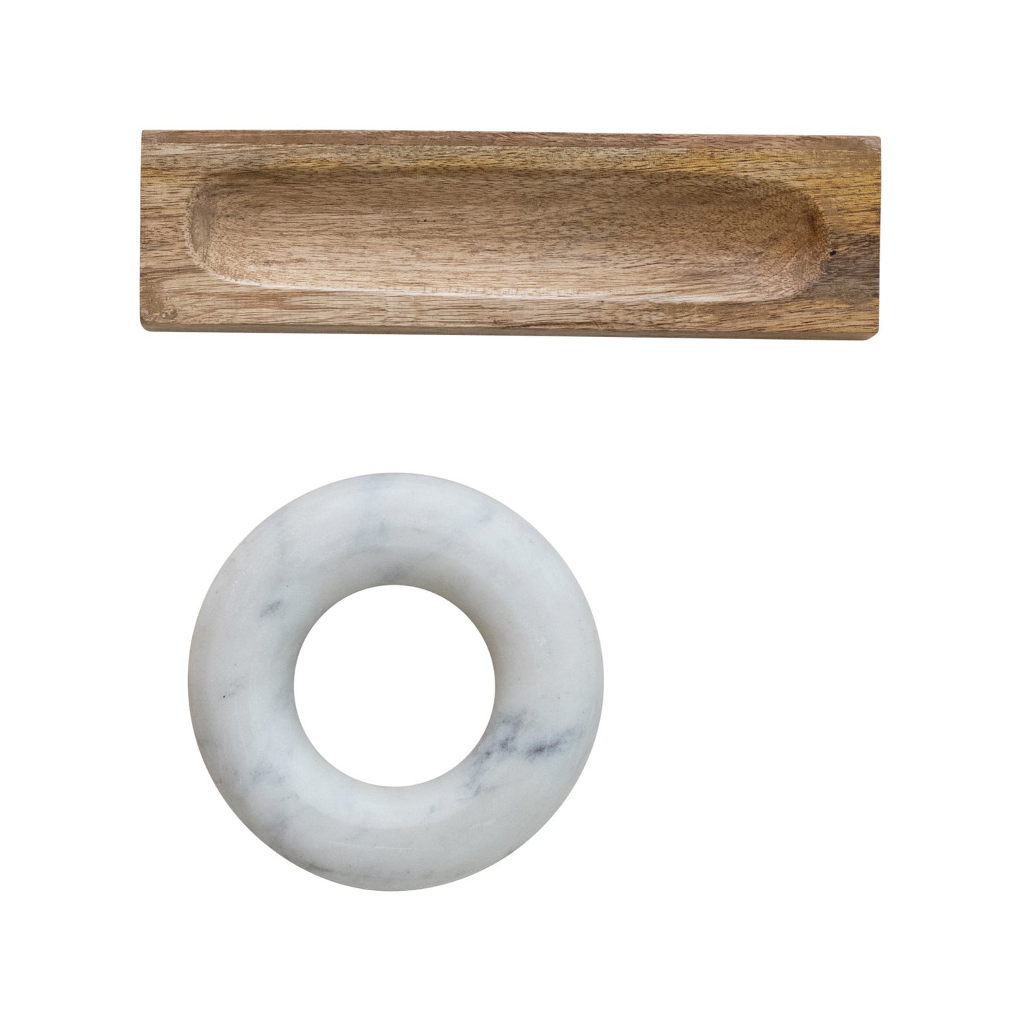 Mango Wood Mortar with Marble Ring Shaped Pestle, Boxed Set of 2