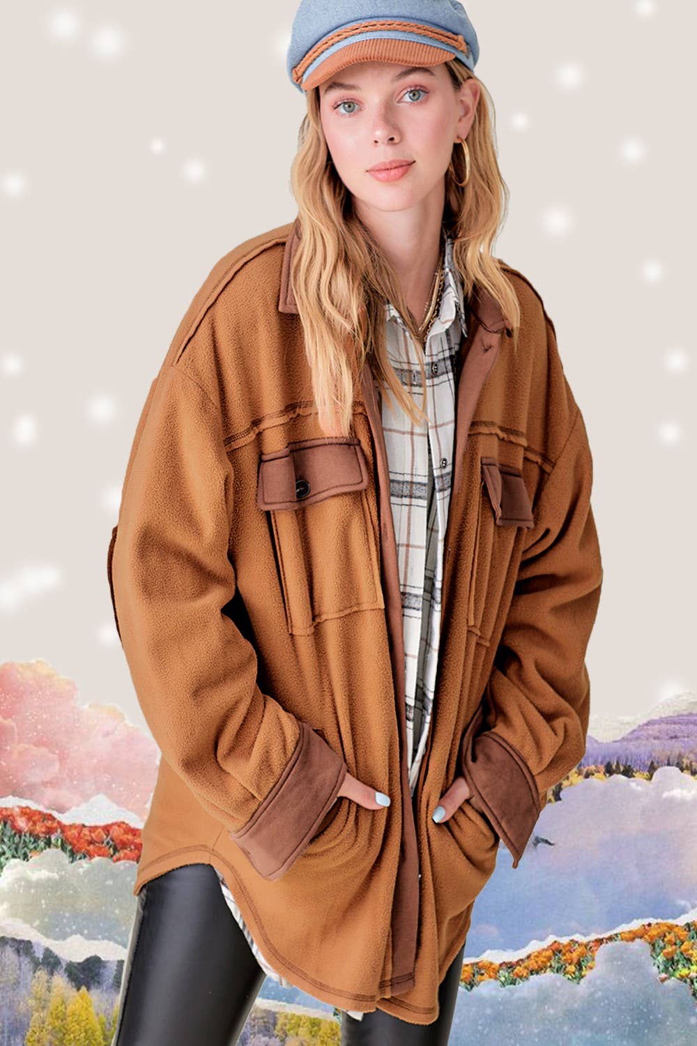 Long Sleeve Fleece Shacket - Camel