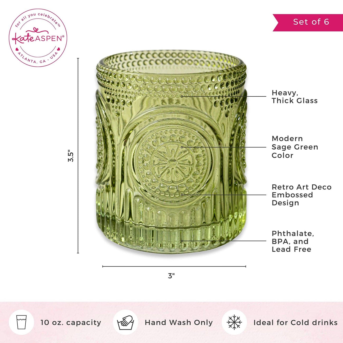 10 oz. Ribbed Retro Arch Floral Green Drinking Glasses