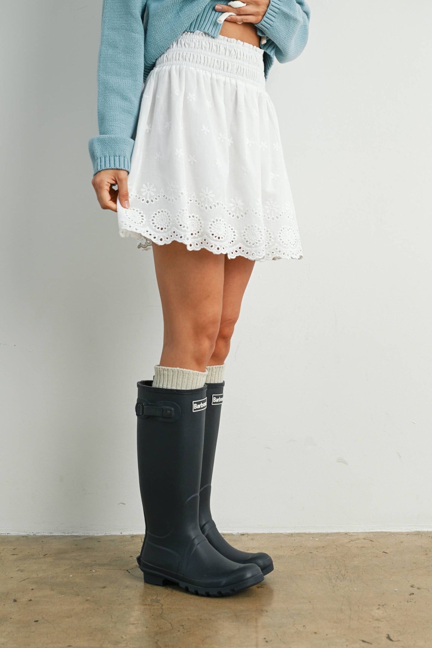 Eyelet Ruffle Smocked Skirt
