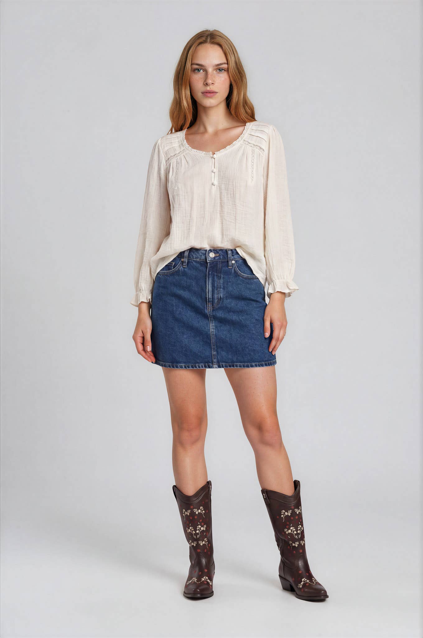 V-neck Henley w/ Crochet Trim - Cream