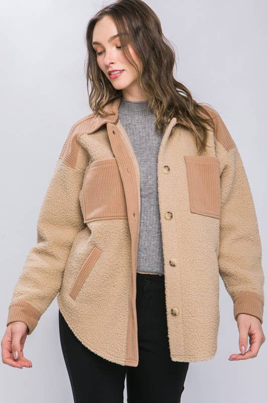 Sherpa Button Up Fleece Shacket - Camel