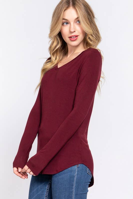 Long Sleeve V-neck Jersey Top - Burgundy