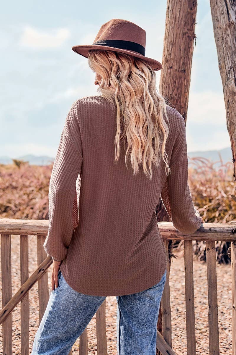 Waffle Knit Loose Fit Top With Pocket
