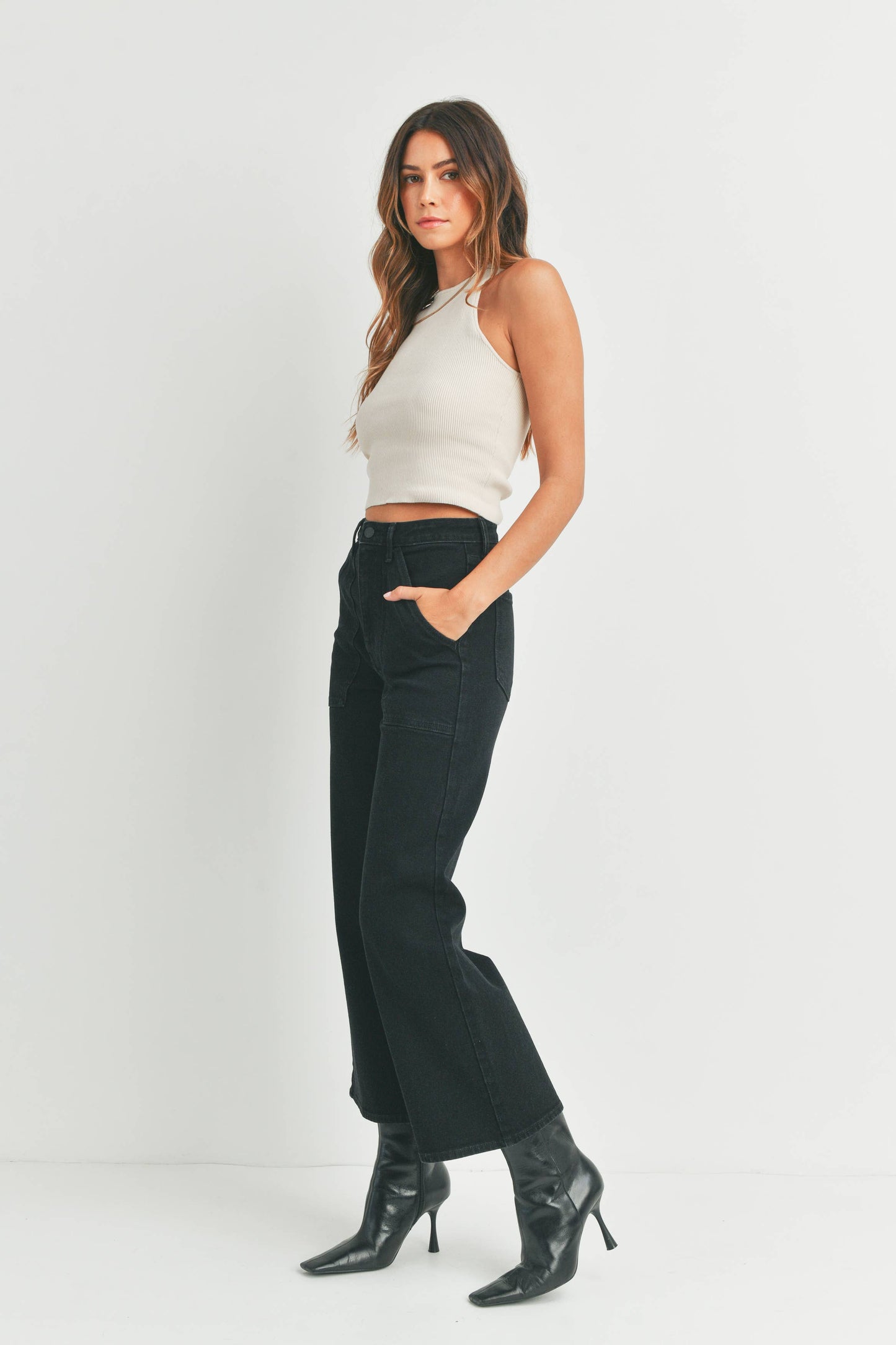 Black Cargo Pocket Wide Leg Jeans