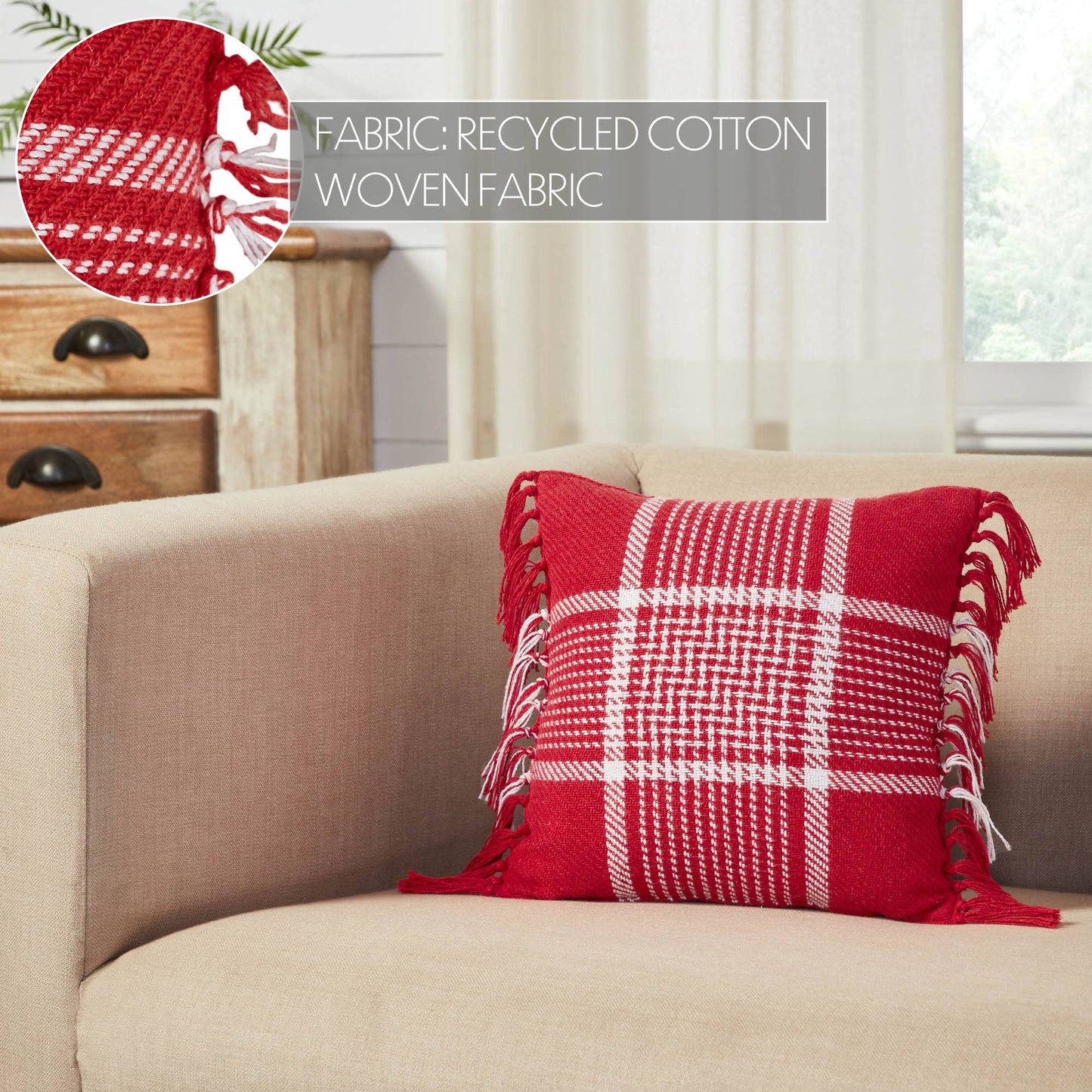 Eston Red & White Plaid Pillow Fringed 12"x12"