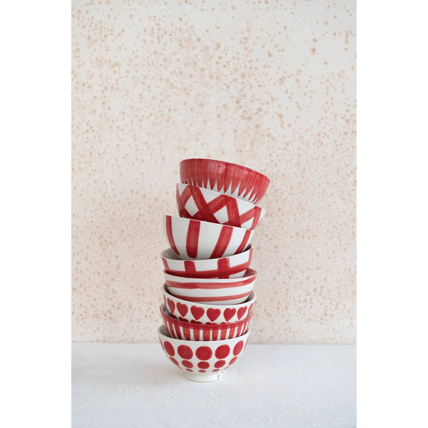 4-1/2" Round x 2-1/4"H Hand-Painted Stoneware Latte Bowl, White and Red, 7 Styles