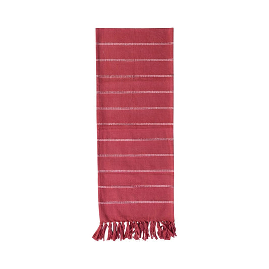 Brushed Cotton Flannel Table Runner w/ Stripes & Fringe, Red & White