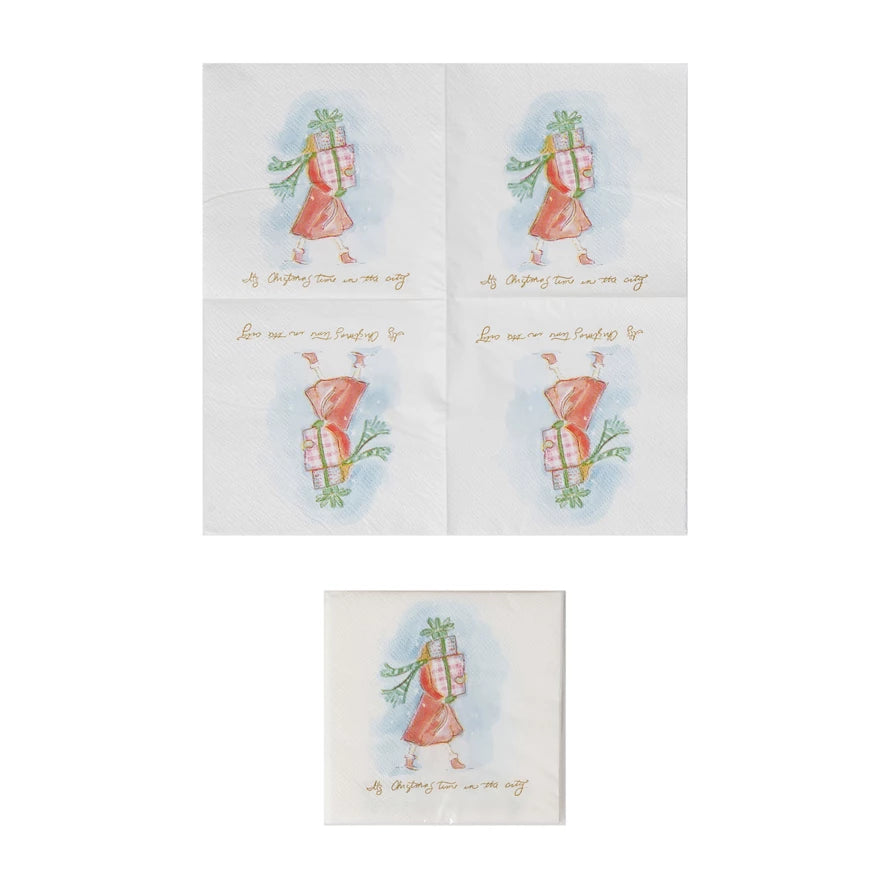 Square Paper Cocktail Napkins w/ Holiday Girl "It's Christmas Time in the City"