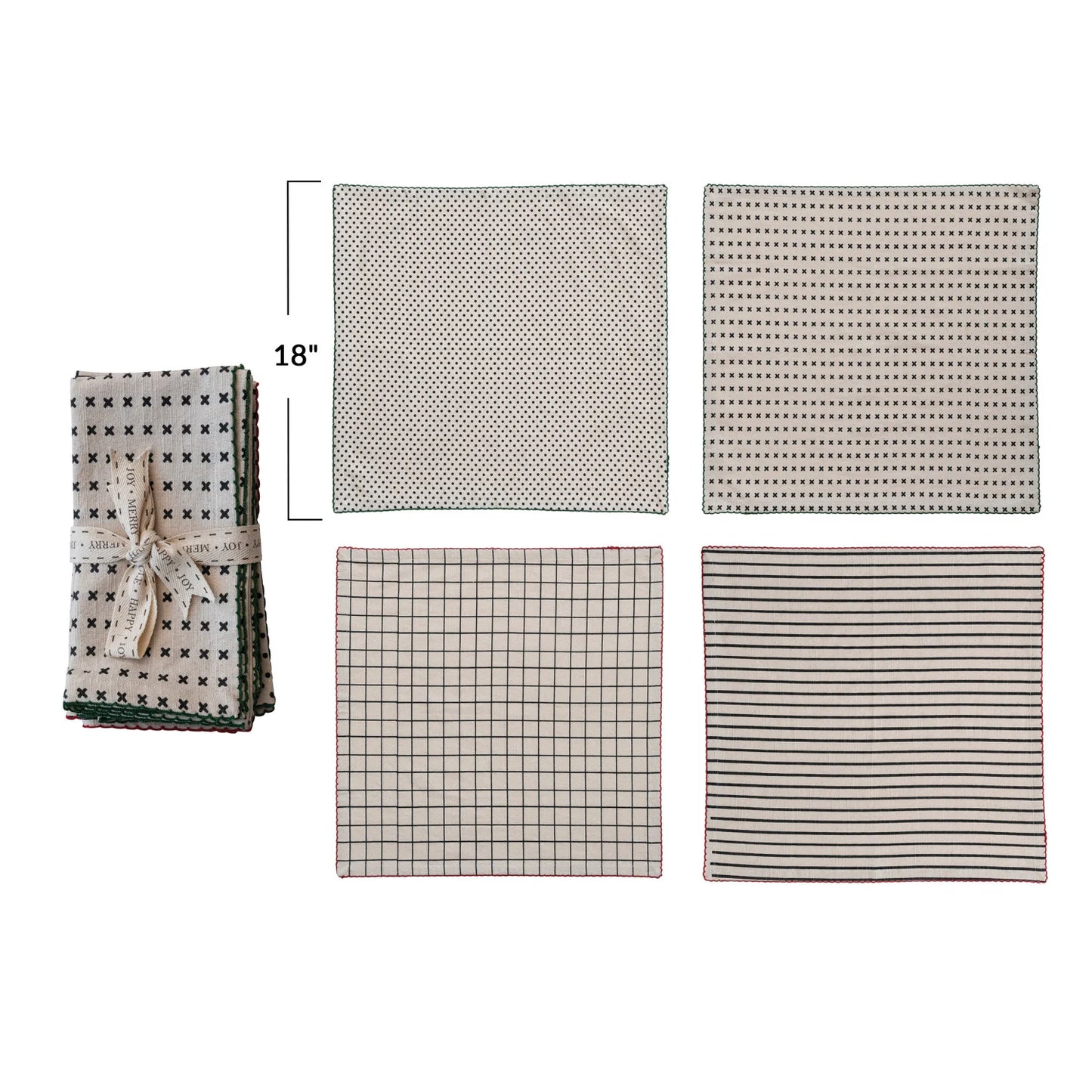 Cotton Printed Napkins w/ Pattern & Stitched Edge, 4 Styles, Set of 4