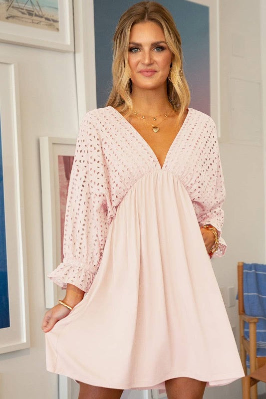 Dress w/ Eyelet Contrast Bodice and 3/4 Sleeve