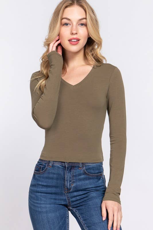 Long Sleeve V-neck Crop Top - Olive Green