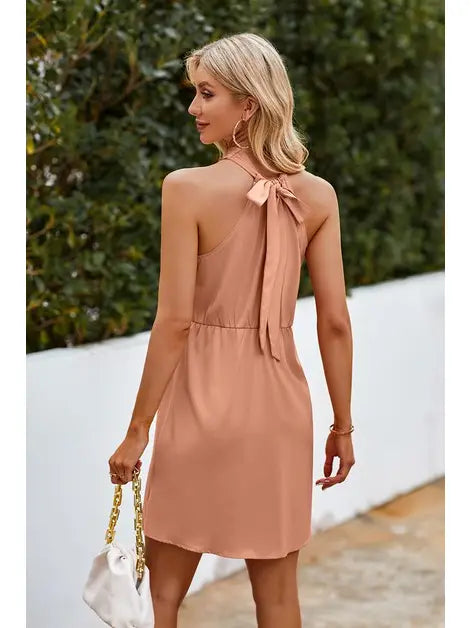 Satin Criss Cross Tie Dress in dusty peach