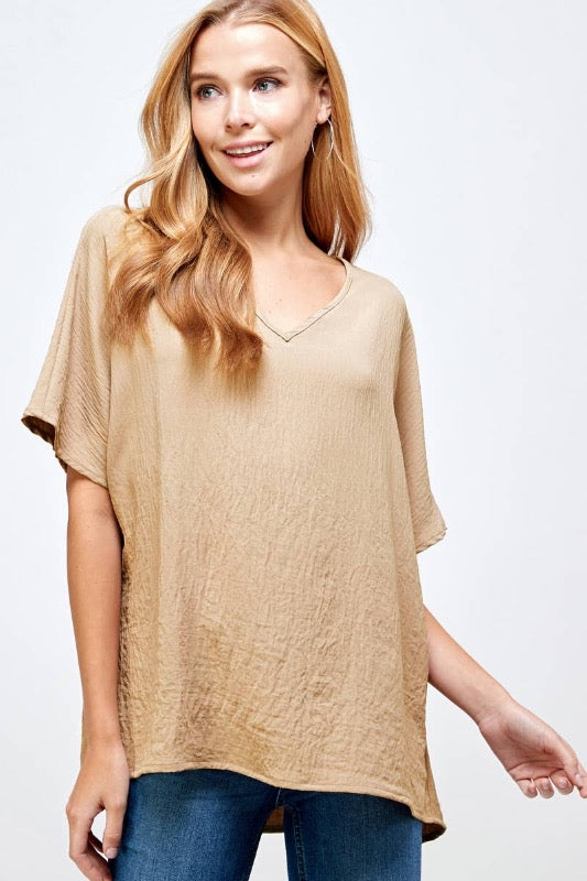 Solid Textured Wooven V Neck Top