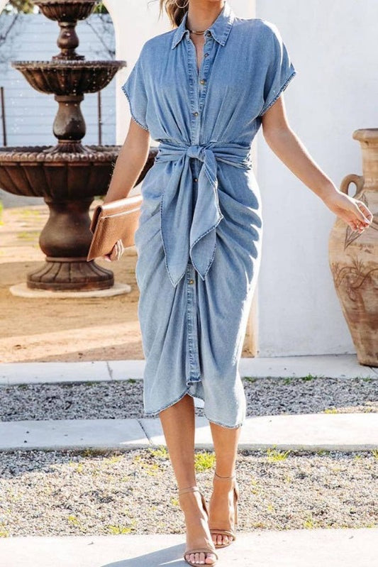 Ruched Button Down Chambray Dress