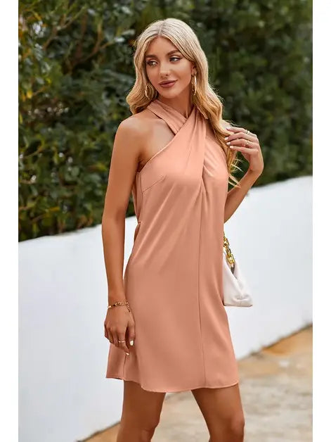 Satin Criss Cross Tie Dress in dusty peach