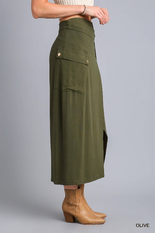 Linen Blend Cargo Wrap Skirt - Olive