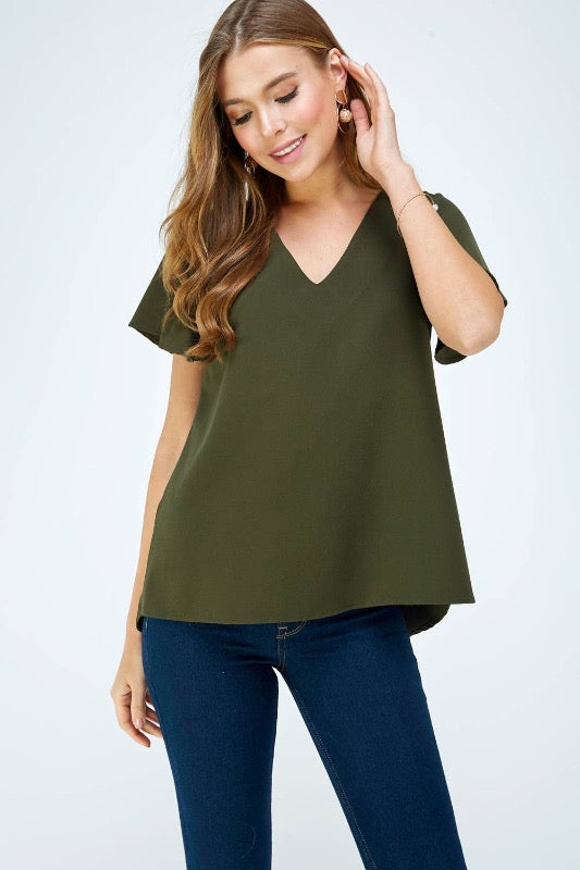 V Neck Flutter Sleeve Top