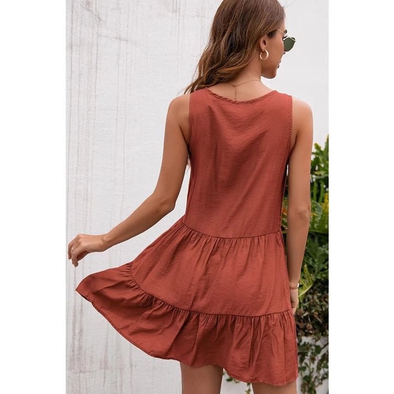 Crochet Lace Sleeveless Dress - Rust