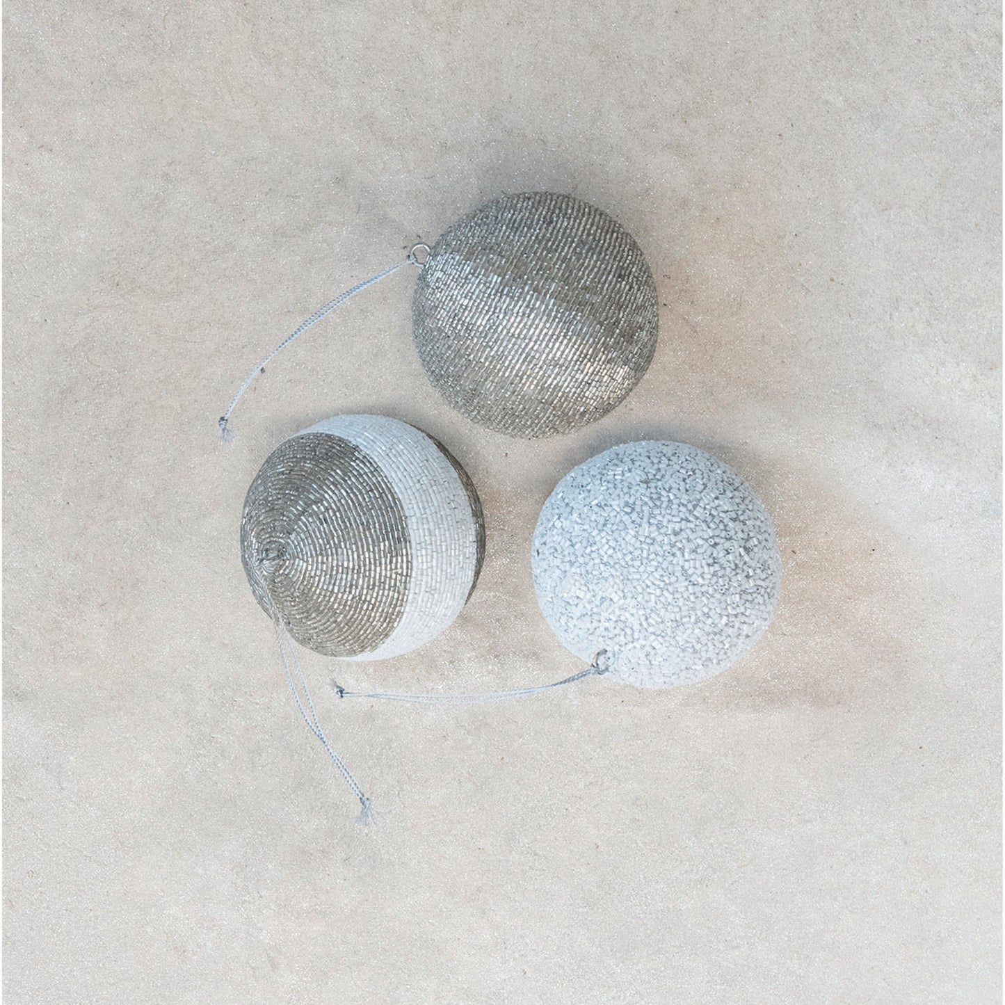 Round Plastic Ball Ornament with Glass Beads, Silver and White, 3 Styles