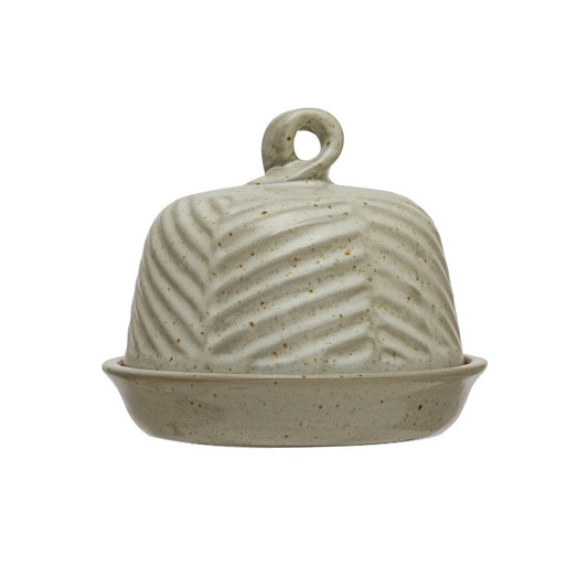 Embossed Stoneware Domed Dish w/ Handle (Each One Will Vary)
