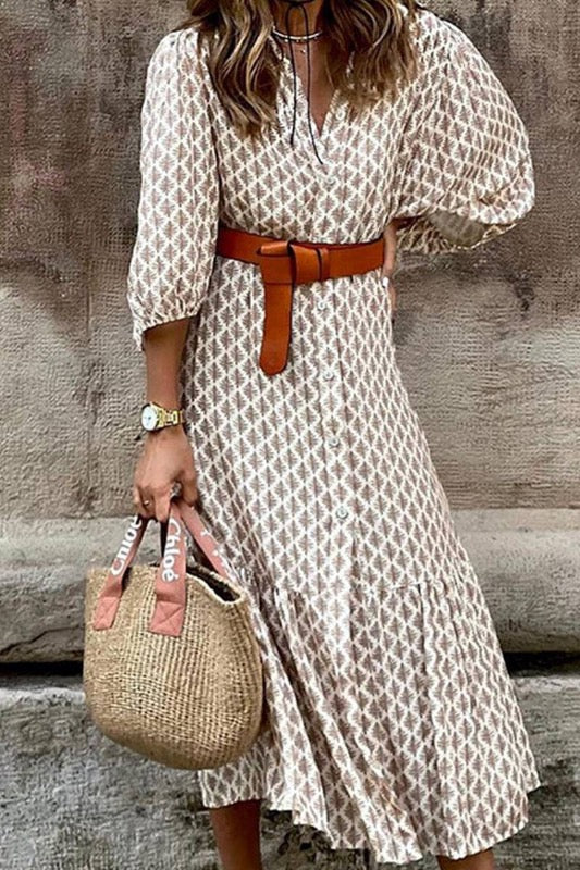 Khaki Patterned Button Down Long Length Dress