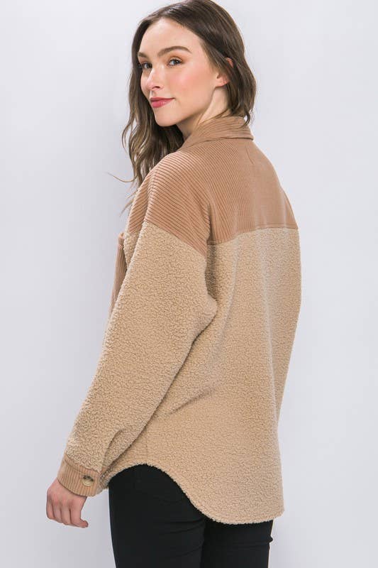 Sherpa Button Up Fleece Shacket - Camel