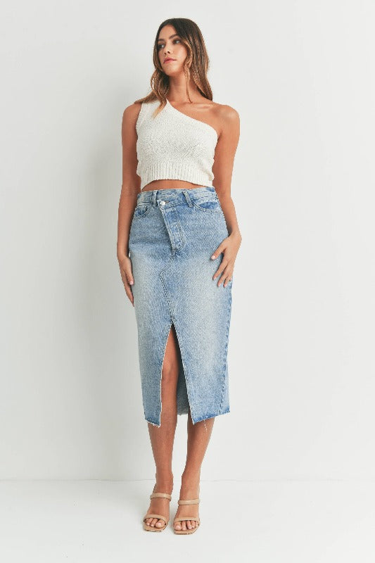 Criss Cross Open Slit Midi Jean Skirt