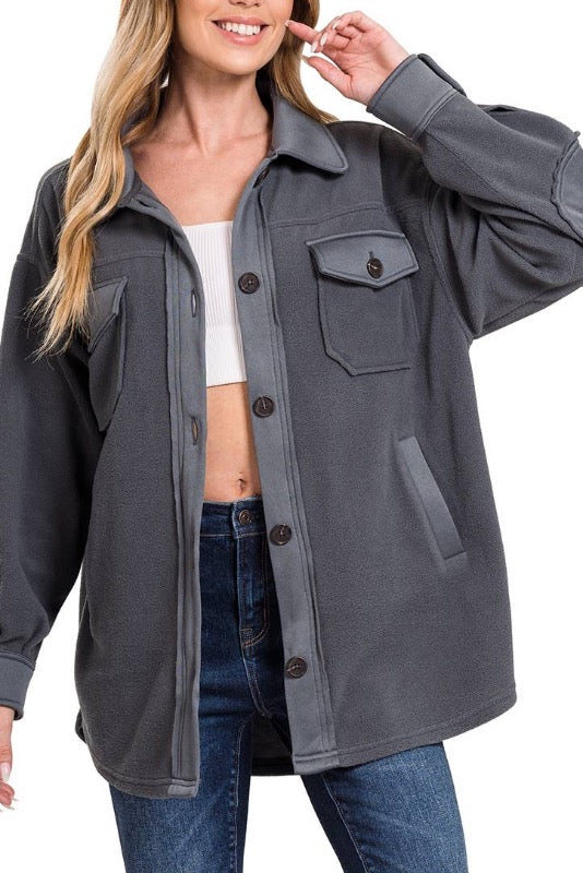 Oversized Basic Fleece Shacket w/ pockets - Ash Grey