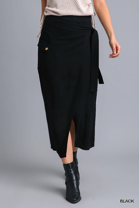 Linen Blend Cargo Wrap Skirt - black