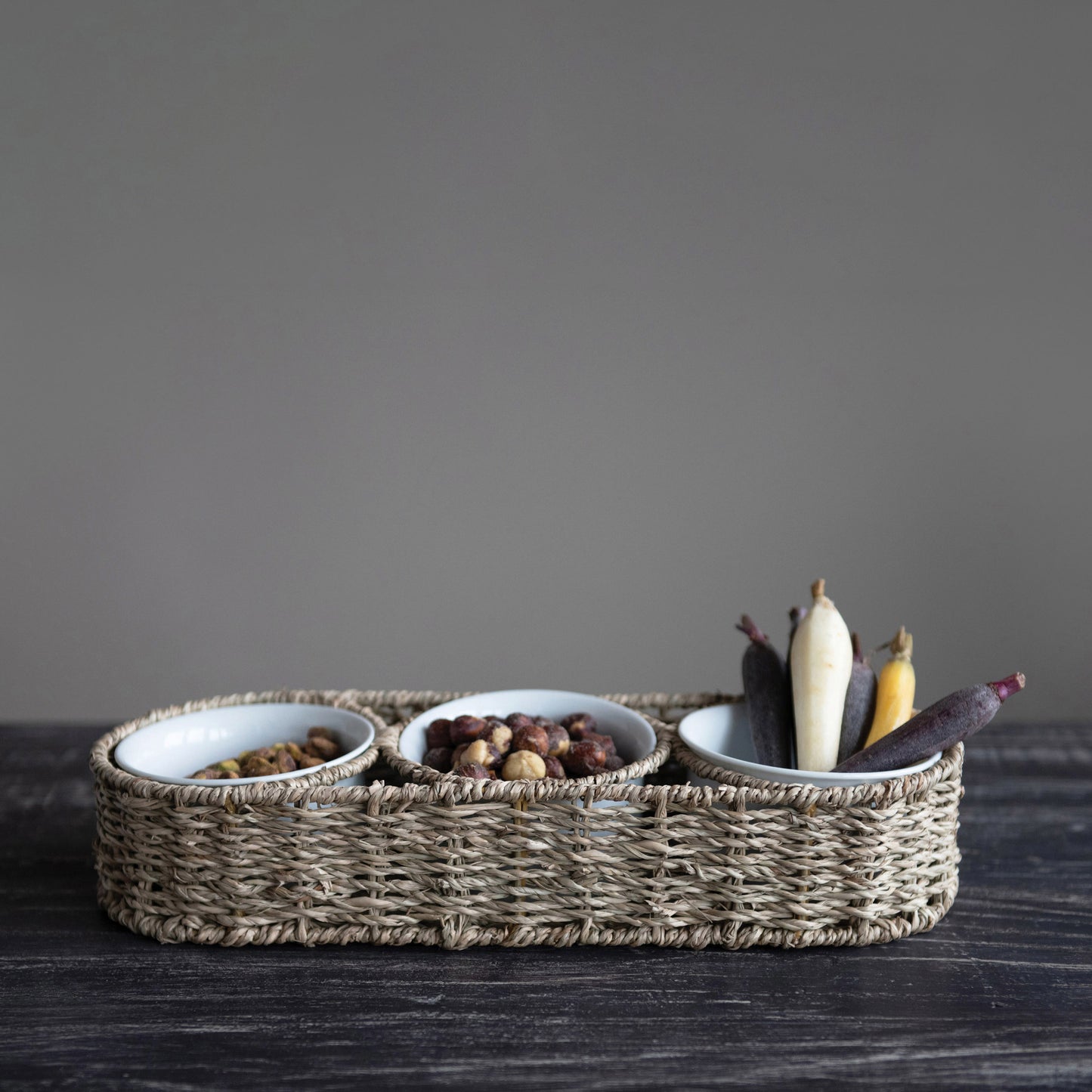 Hand-Woven Basket with Ceramic Bowls, Set of 4
