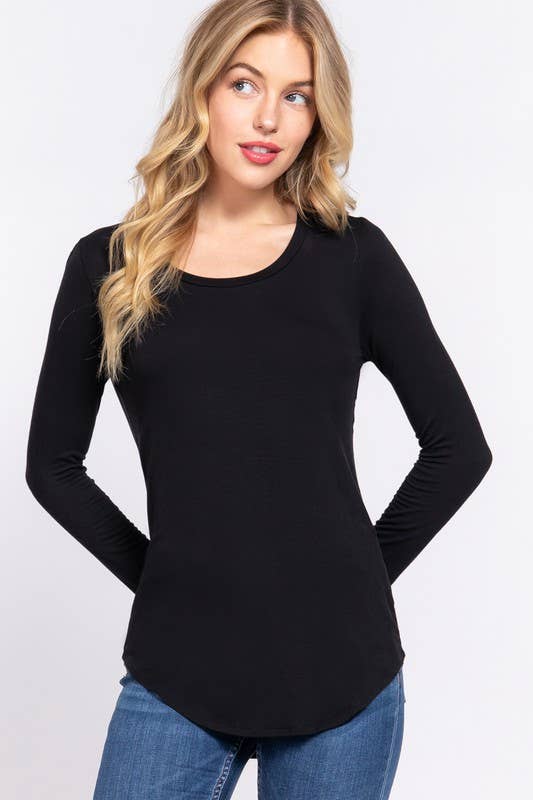 Long Sleeve Round Neck Jersey Top: Black