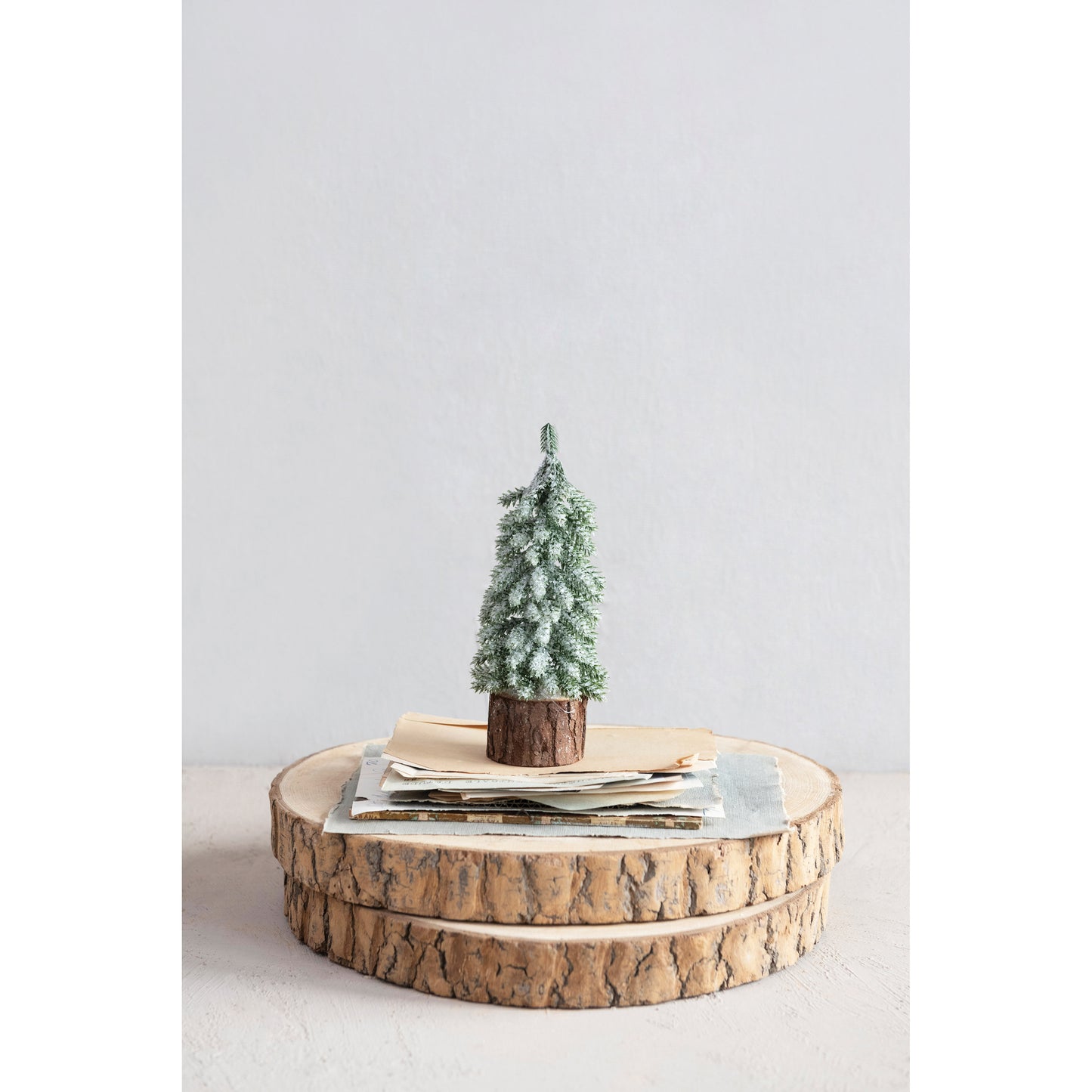 Faux Fir Tree with Wood Slice Base, Snow Finish