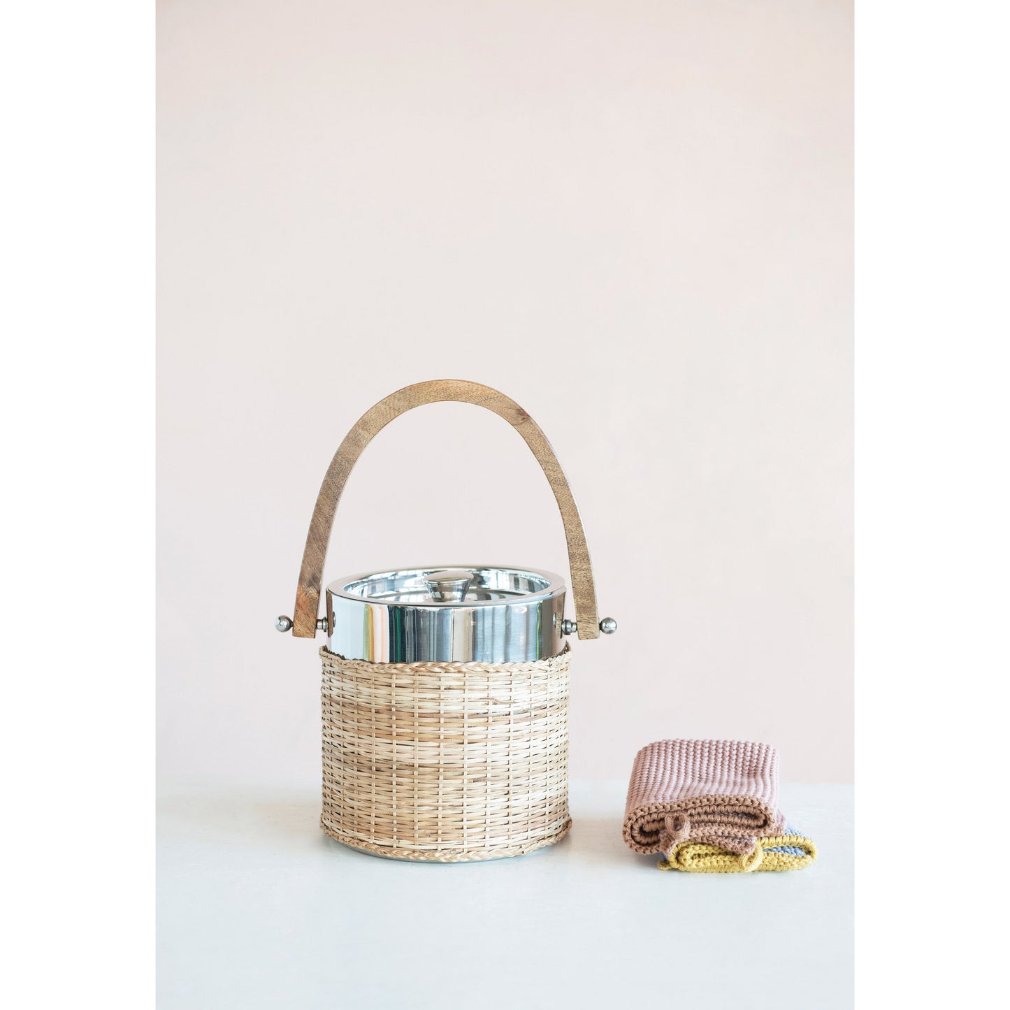 1-1/2 Quart Stainless Steel and Woven Rattan Ice Bucket with Mango Wood Handle