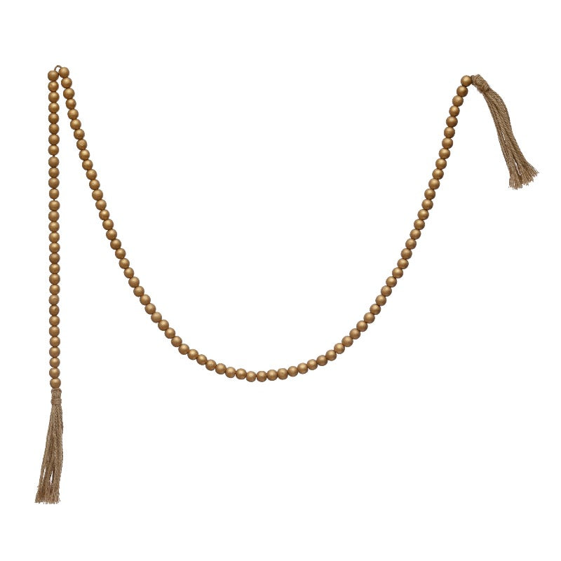 Paulownia Wood Bead Garland with Jute Tassel - gold