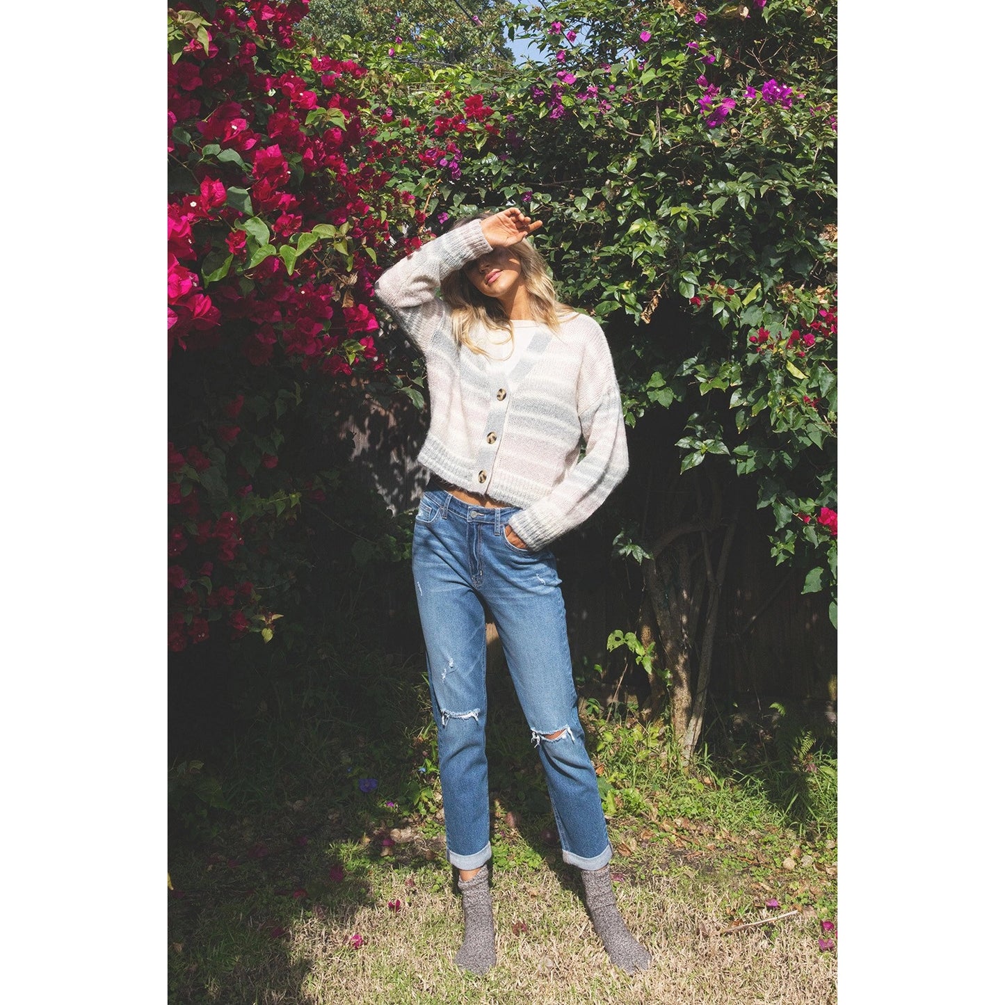 Distressed Double Cuffed Stretch Mom Jean
