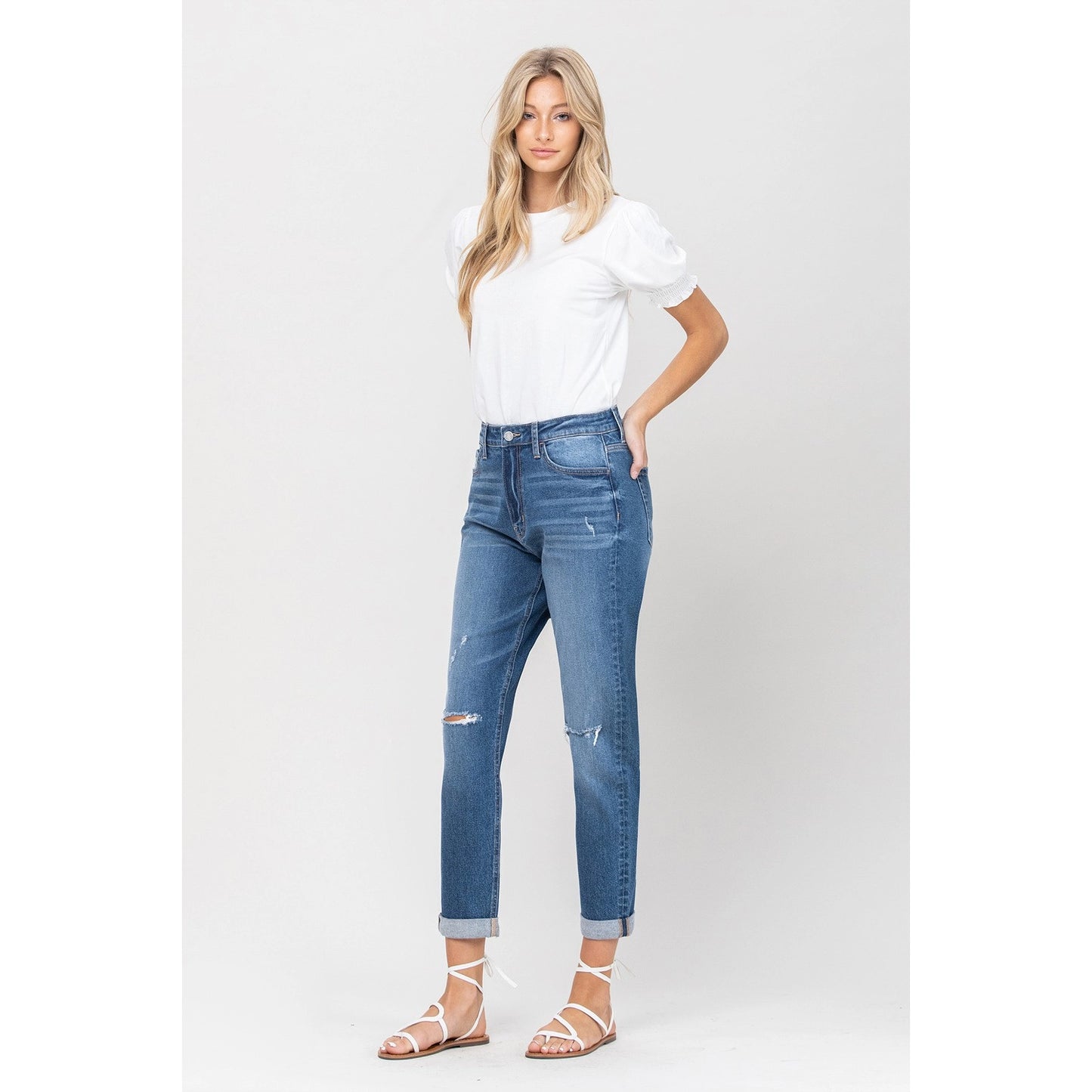 Distressed Double Cuffed Stretch Mom Jean