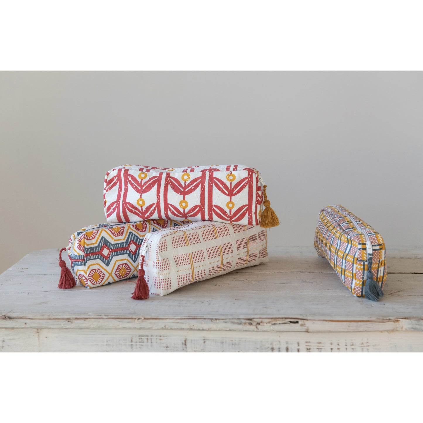 Cotton Printed Zip Pouch with Tassel, 4 Styles