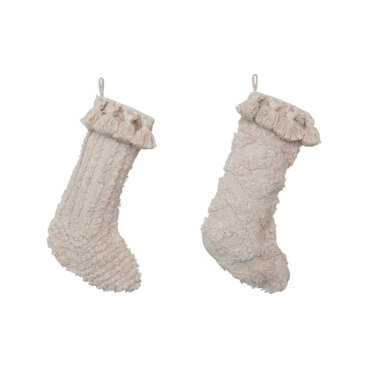 Cotton Slub Stocking with Tufting and Tassels, Cream Color, 2 Styles